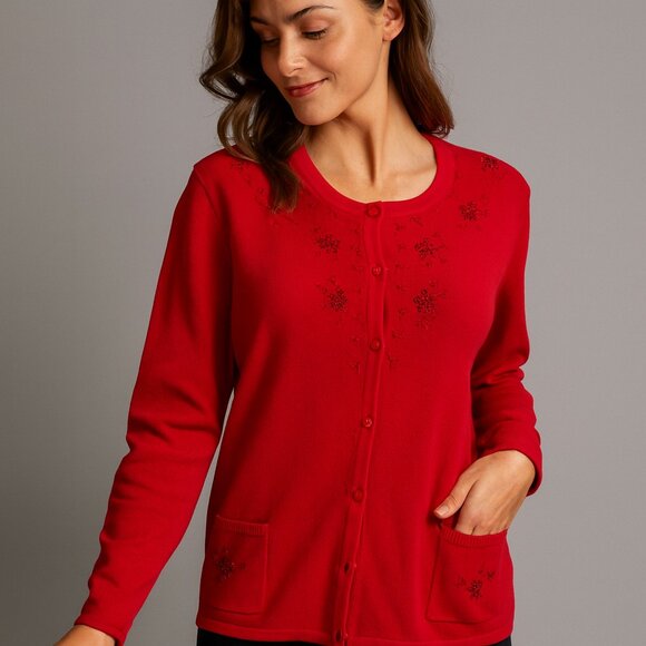BonWorth Large Red Embroidered Floral Cardigan Vintage Holiday Classic Cottage - Picture 1 of 7